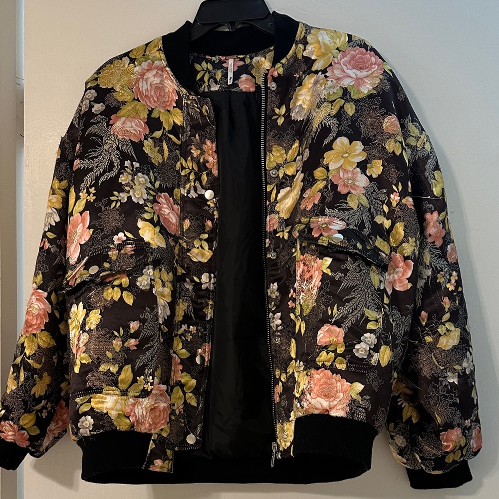 Free People Satin Floral Bomber Jacket